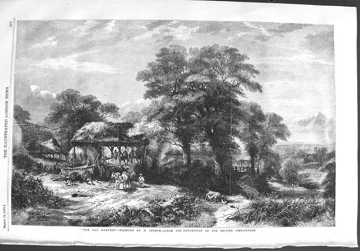 Original Old Antique Print 1858 Hay Harvest Agriculture Horses Farming Fine Art