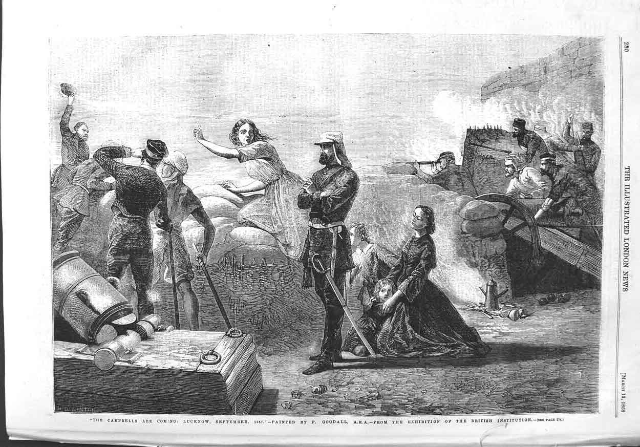 Original Old Antique Print 1858 Scene Lucknow Campbells Siers Weapons War 19th