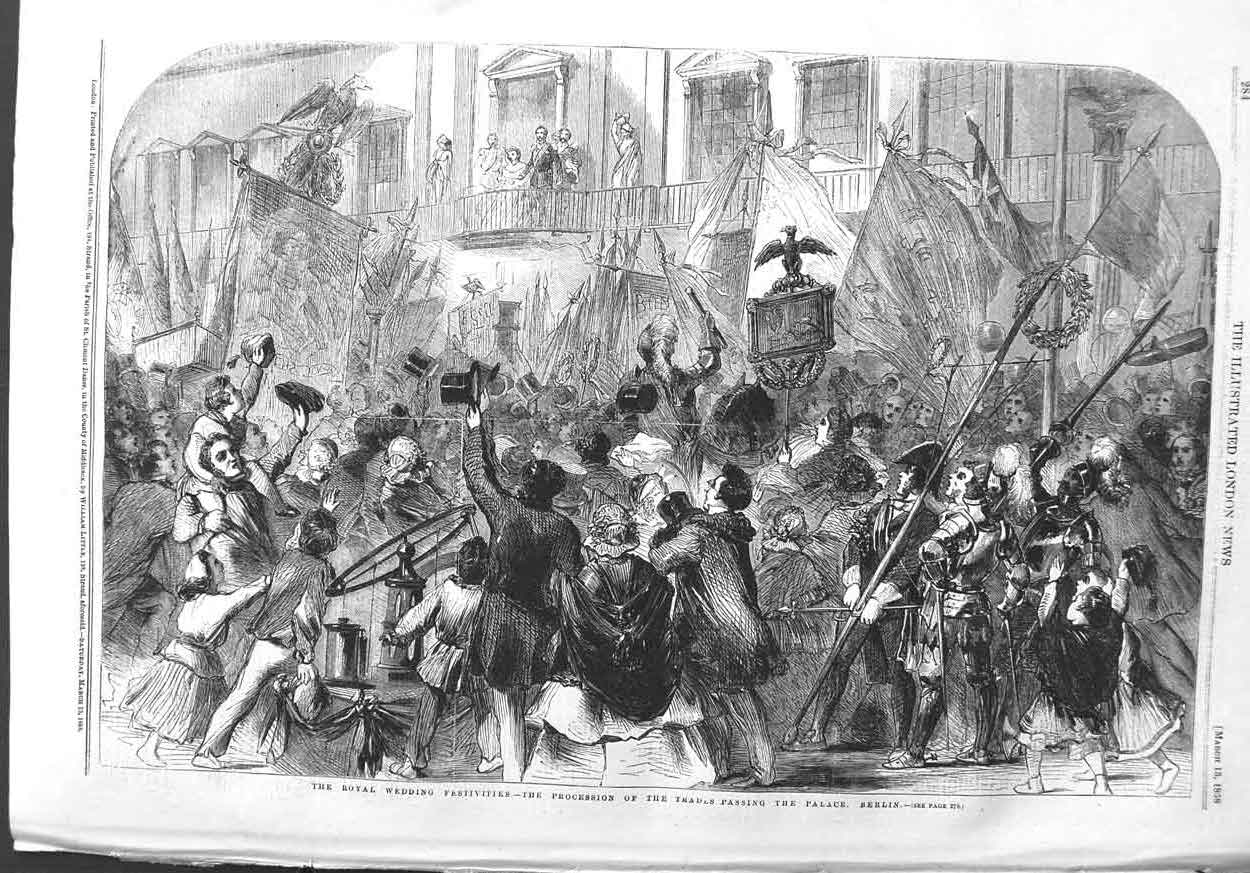 Old Antique Print 1858 Royal Wedding Festivities Procession Palace Berlin 19th