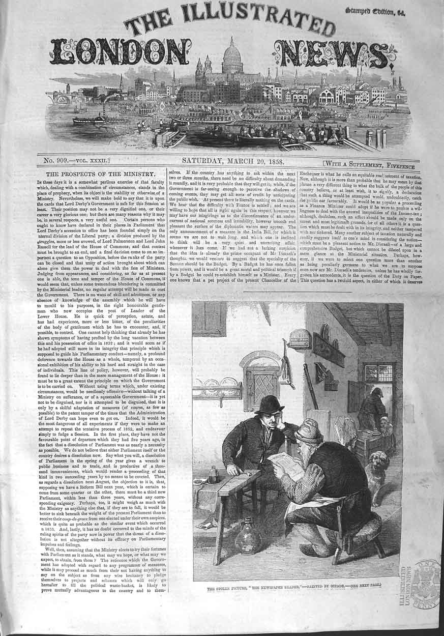 Original Old Antique Print 1858 Scene Newspaper Reader Dog People Victorian