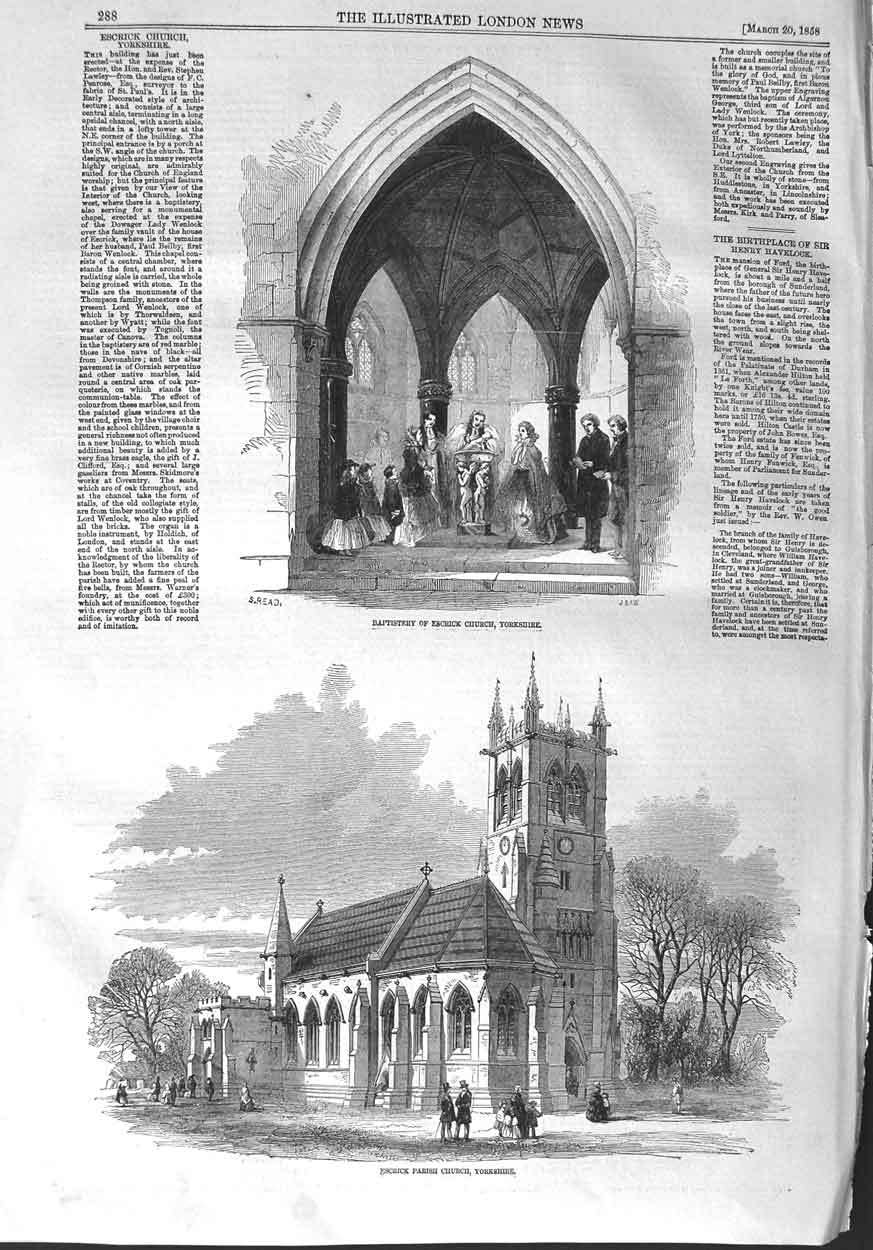 Original Old Antique Print 1858 Baptism Escrick Parish Church Yorkshire England