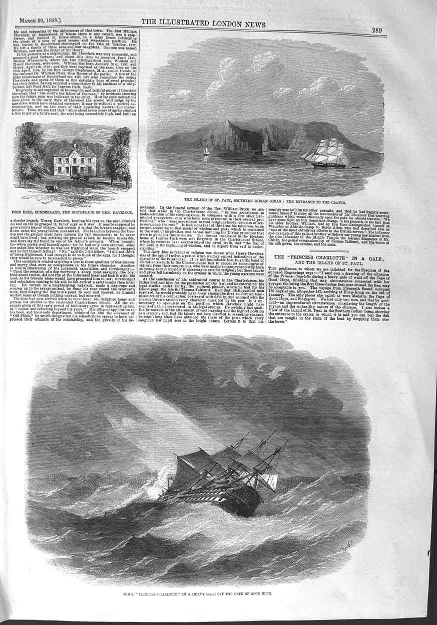 Original Old Antique Print 1858 Ship Princess Charlotte Cape Good Hope St. Paul