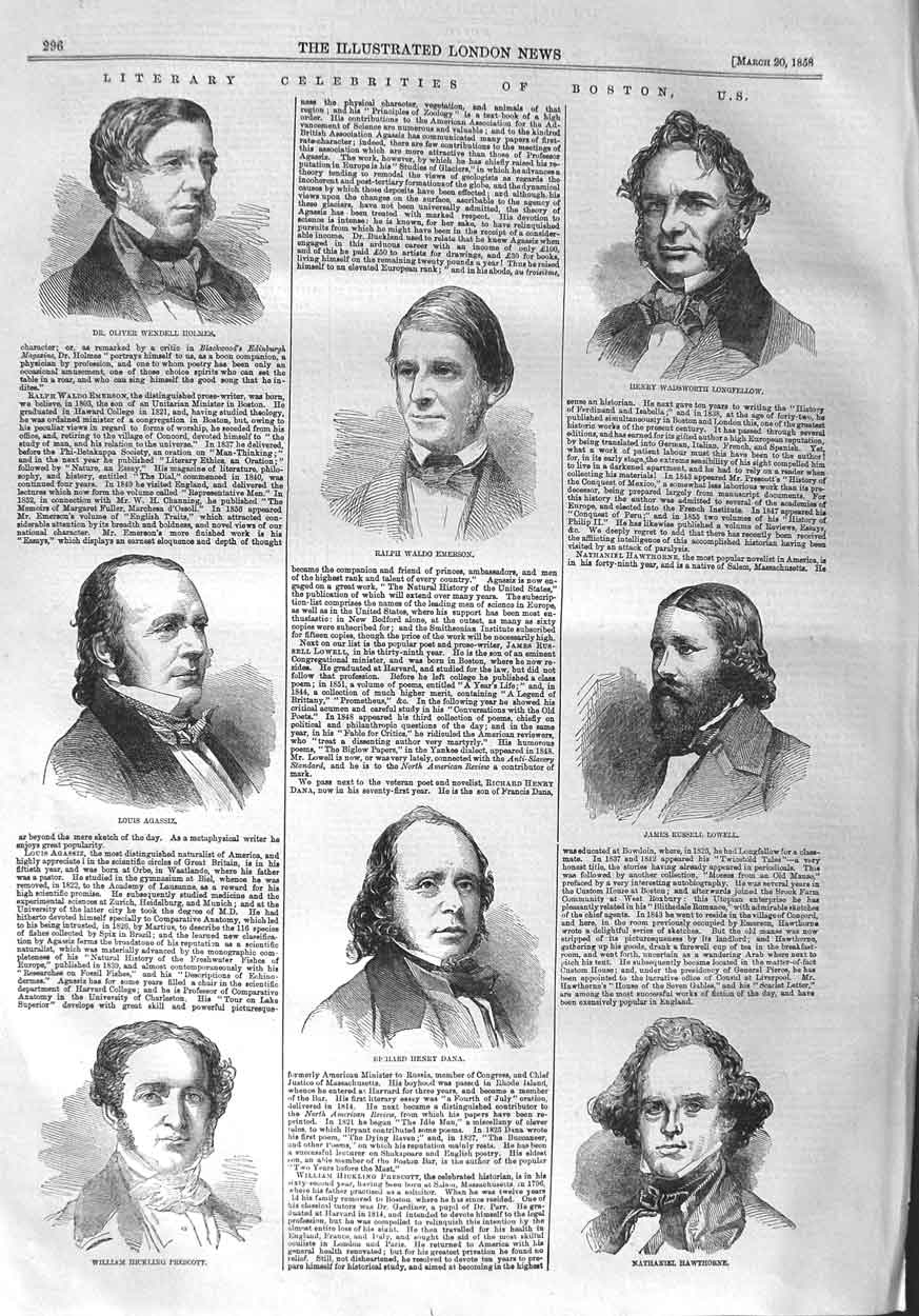 Old Antique Print 1858 Boston Emerson Longfellow Holmes Agassiz Prescott 19th