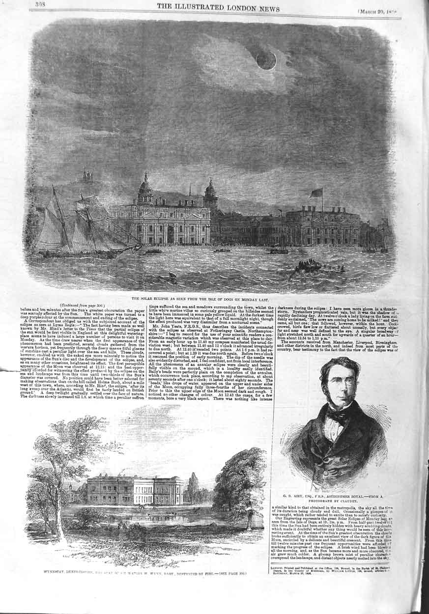 Old Antique Print 1858 Solar Eclipse Isle Dogs Airy Astronomer Wynnstay 19th