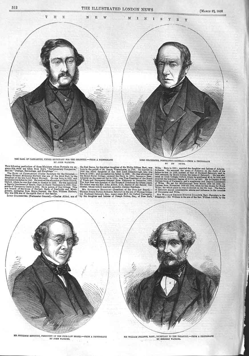 Original Old Antique Print 1858 Ministry Carnarvon Colchester Jolliffe Estcourt