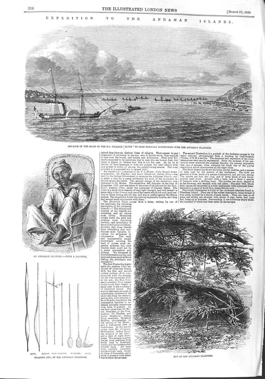 Old Antique Print 1858 Andaman Islands Ship Pluto Islanders Hut Weapons 19th