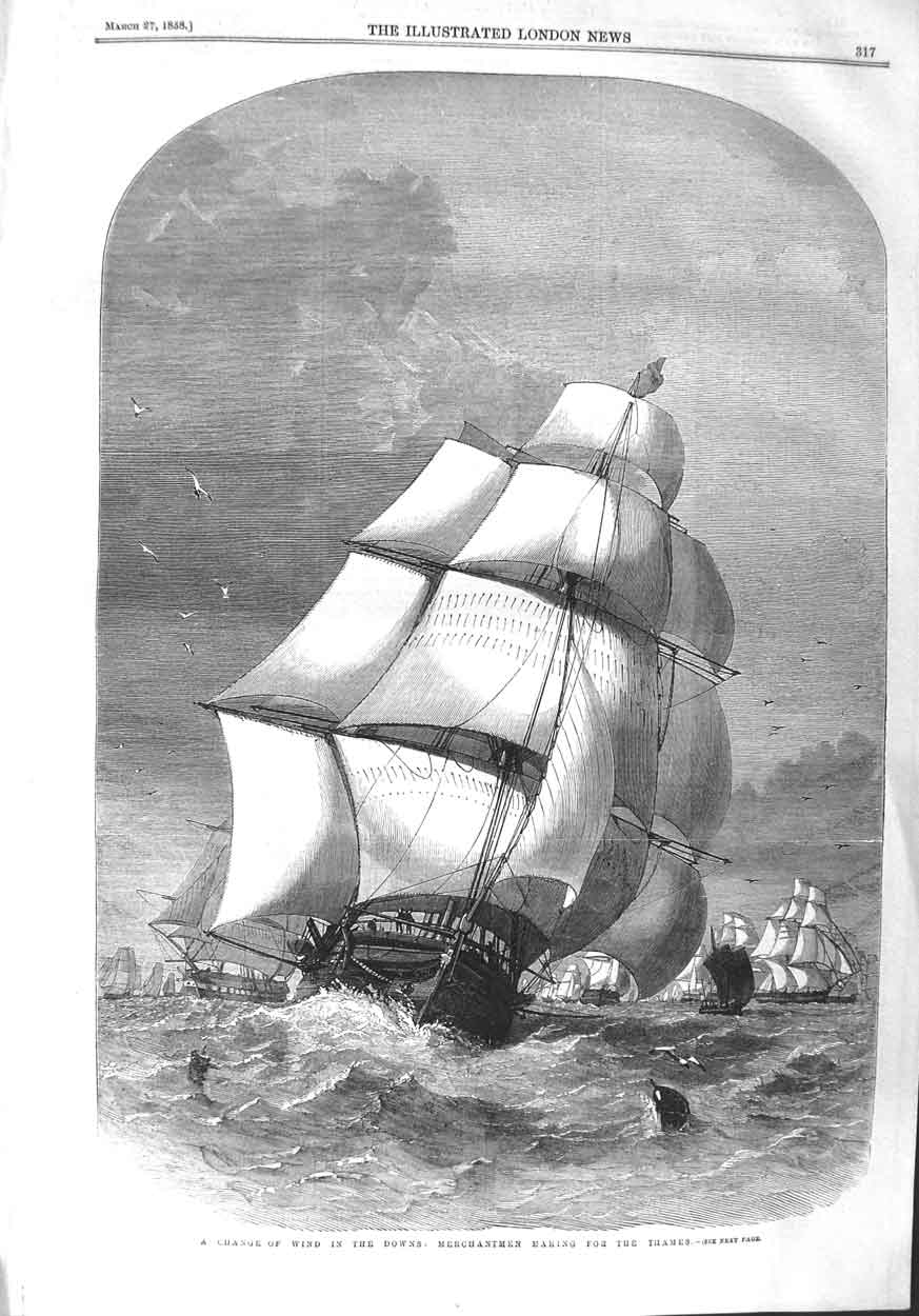 Original Old Antique Print 1858 Sailing Ships Merchantmen River Thames Downs