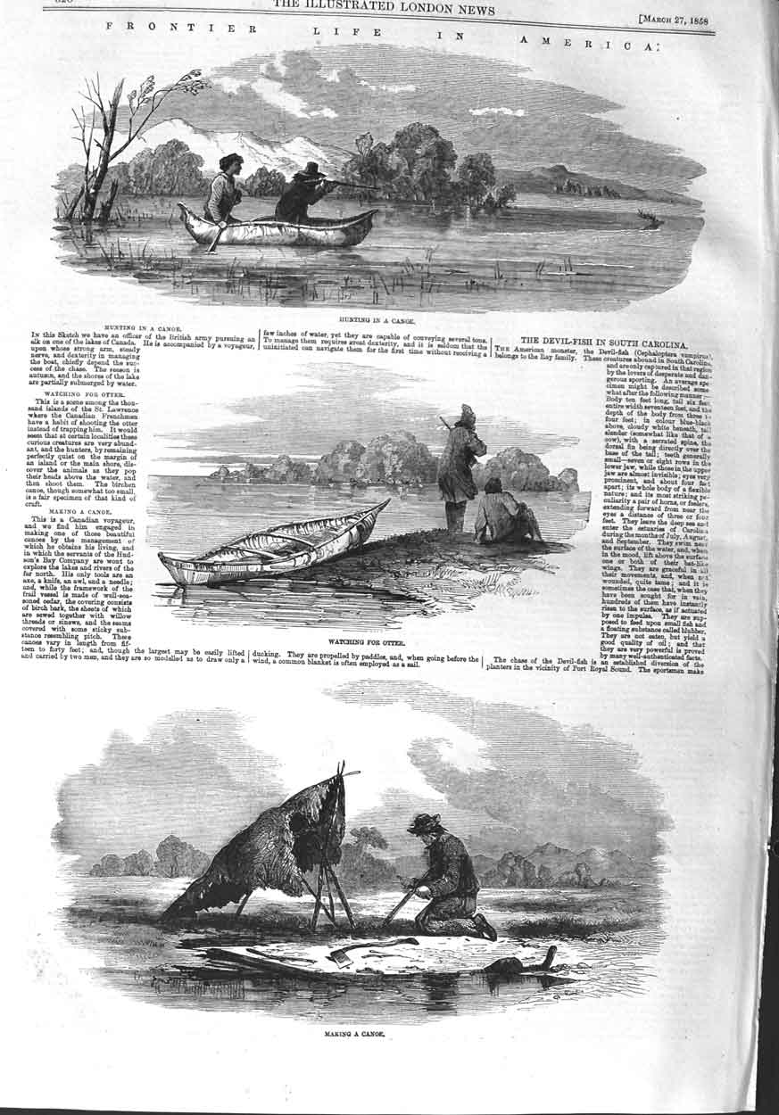 Original Old Antique Print 1858 America Hunting Canoe Otter Devil Fish Carolina