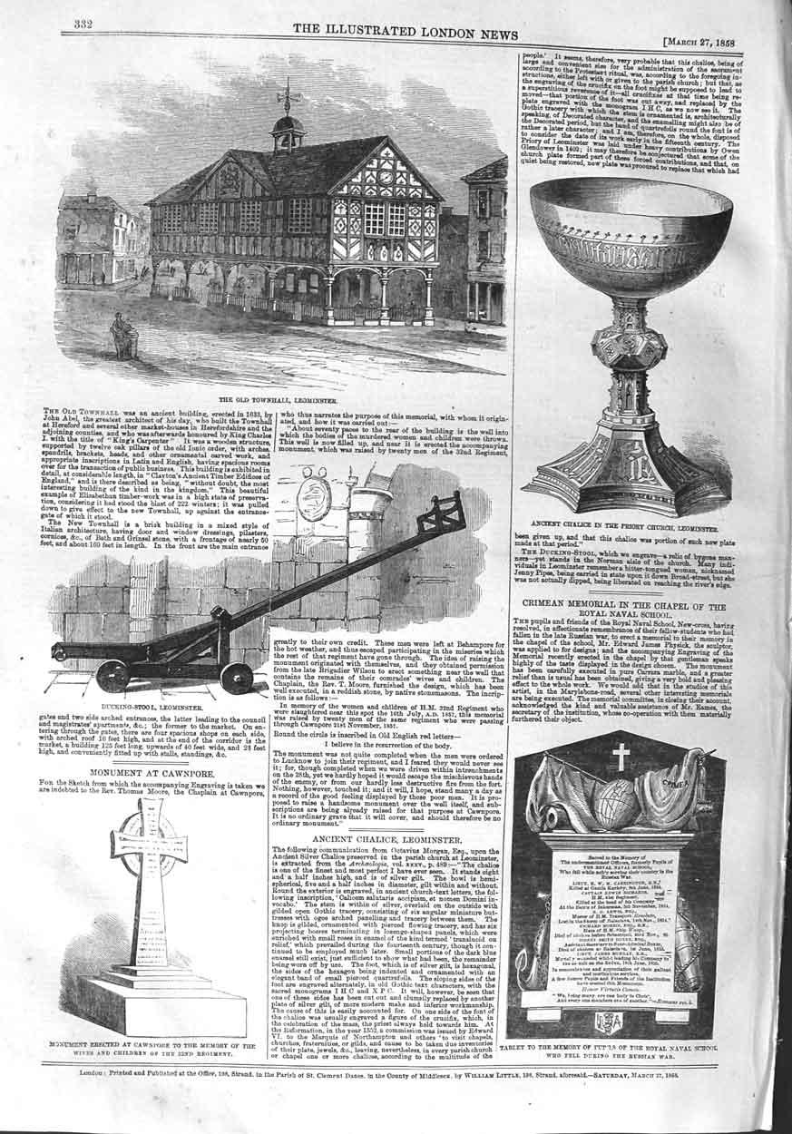 Old Antique Print 1858 Townhall Leominster Chalice Church Tablet School 19th