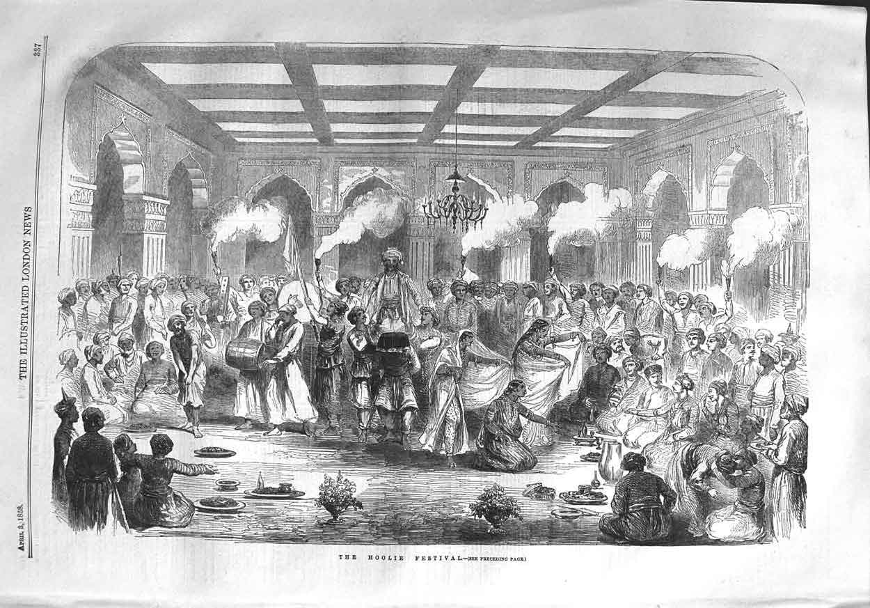 Original Old Antique Print 1858 Scene Hoolie Festival Celebration India 19th