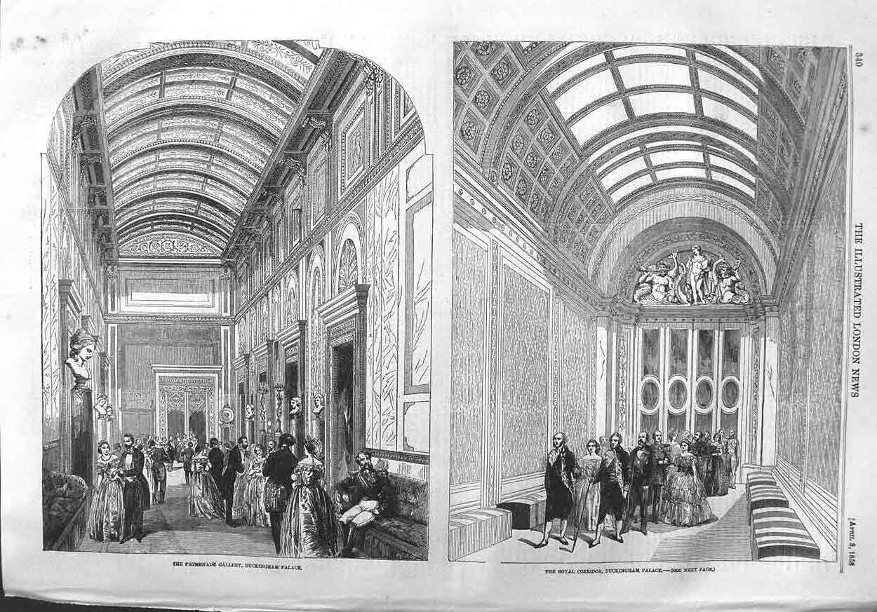 Old Antique Print 1858 Promenade Gallery Buckingham Palace Royal Corridor 19th