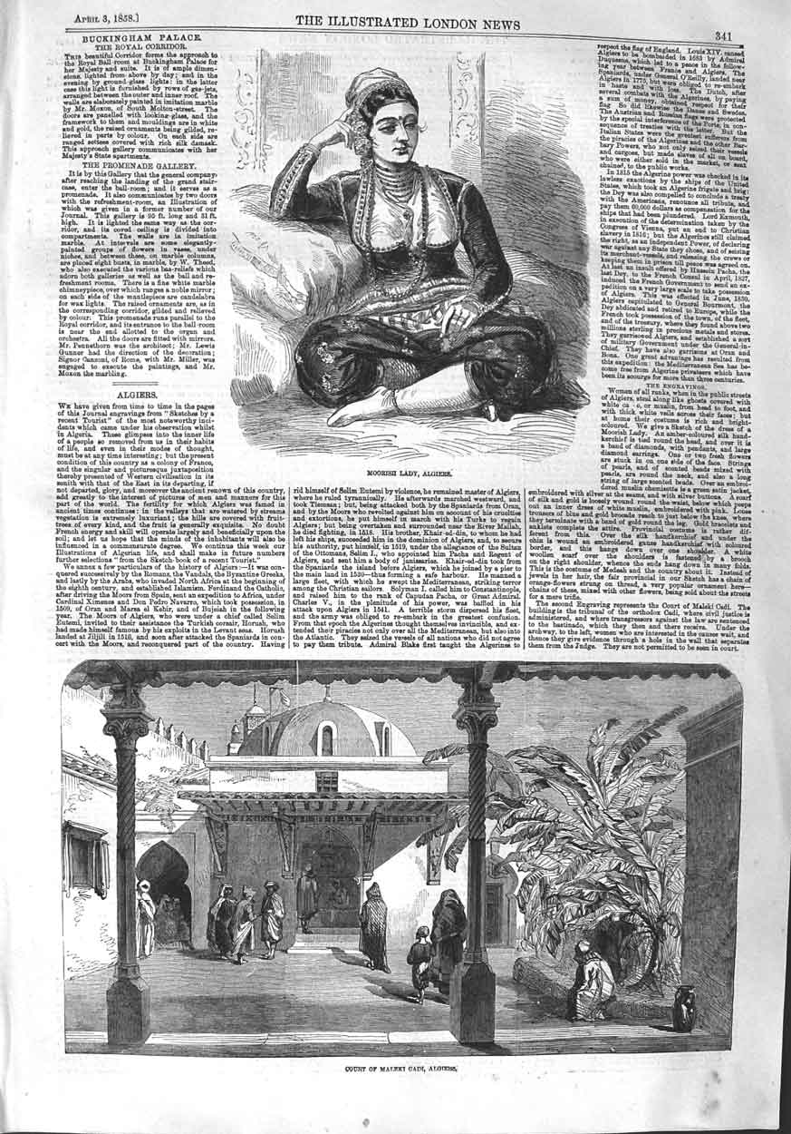 Original Old Antique Print 1858 Moorish Lady Algiers Court Maleki Cadi Algeria