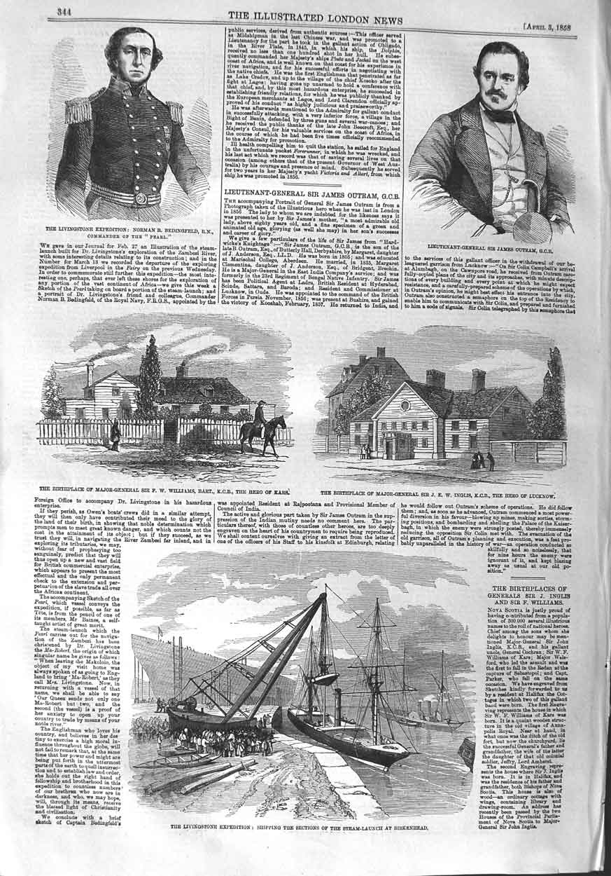 Old Antique Print 1858 Livingstone Outram Birkenhead Ship Williams Inglis 19th