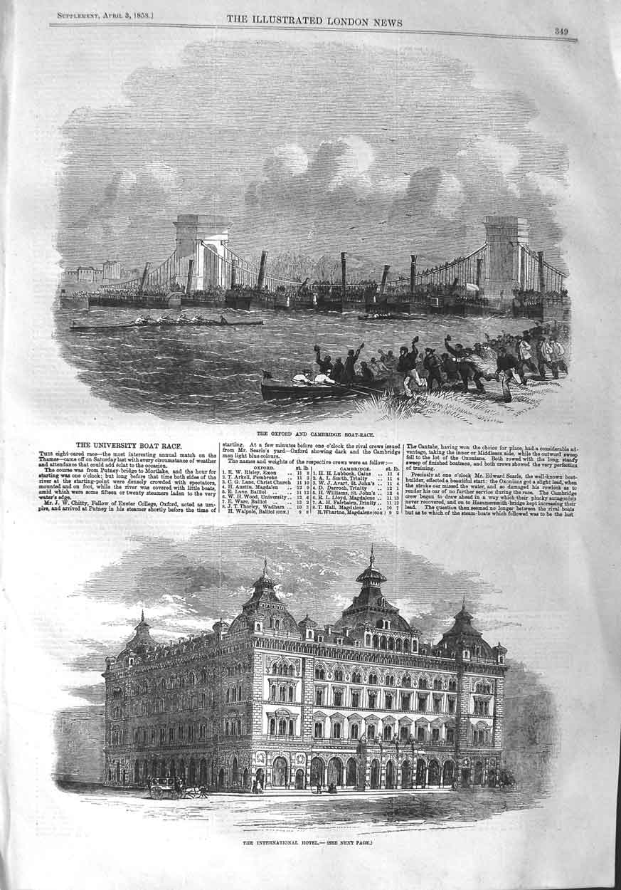 Original Old Antique Print 1858 Oxford Cambridge Boat Race International Hotel