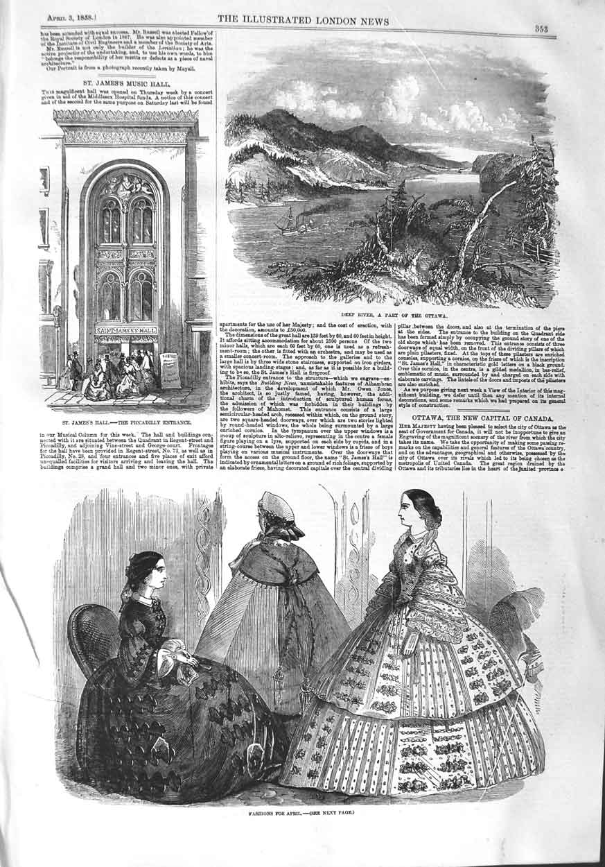 Old Antique Print 1858 River Ottawa James'S Hall Piccadilly Fashion Dress 19th