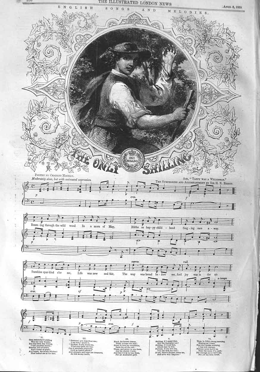 Original Old Antique Print 1858 English Song Sheet Music Only Shilling Mackay