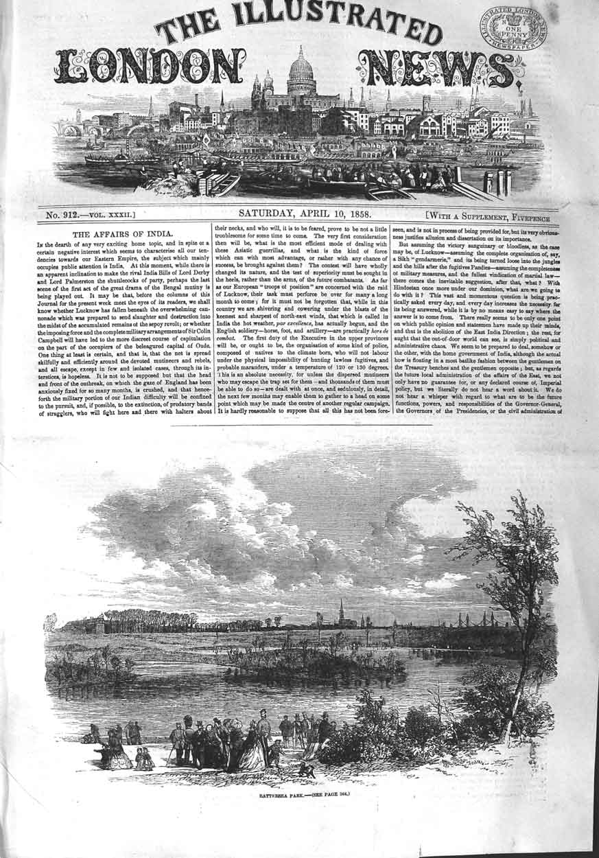 Original Old Antique Print 1858 View Battersea Park London Lake Trees Victorian