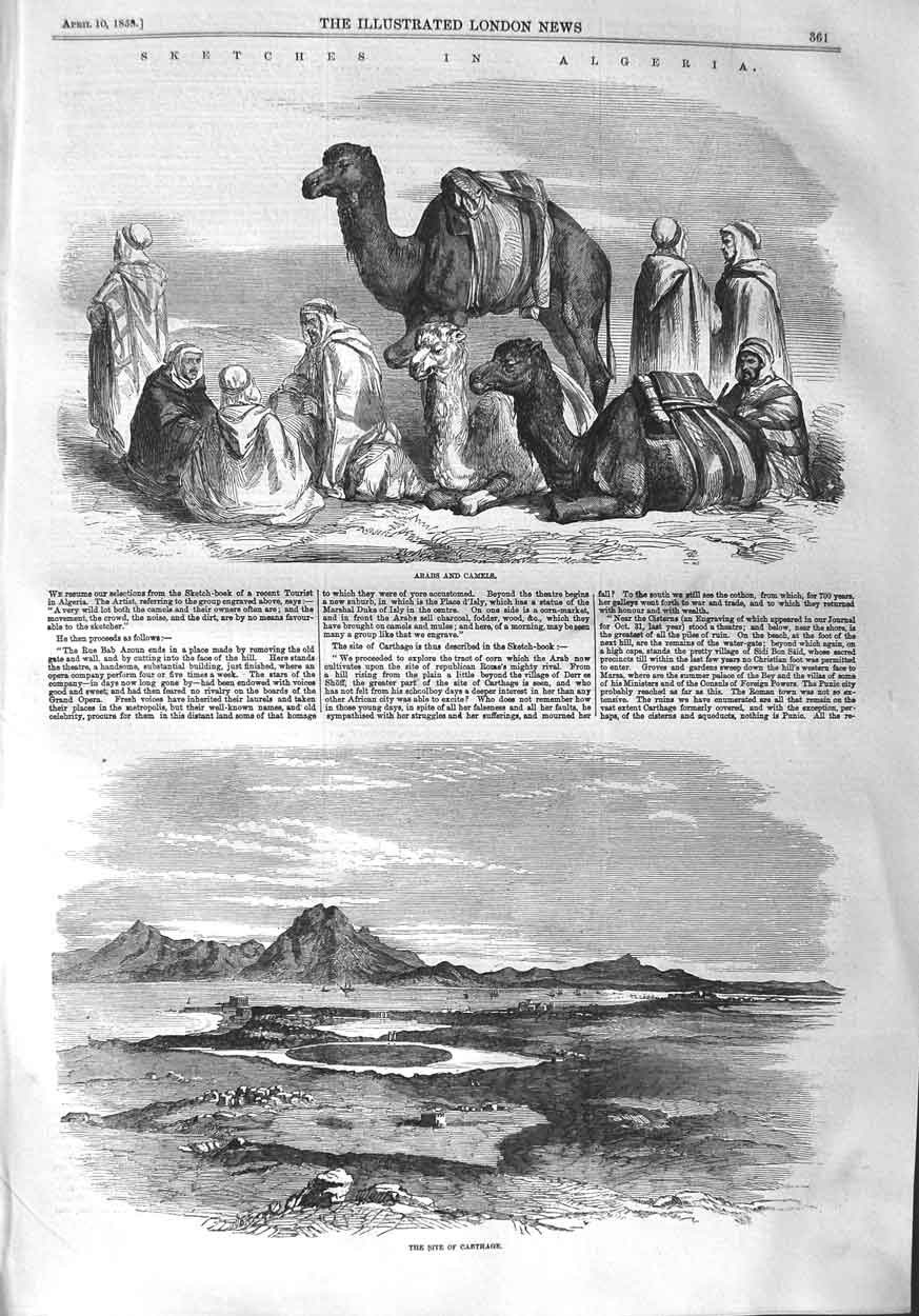 Old Antique Print 1858 Algeria Arabs Camels View Site Carthage Mountains 19th