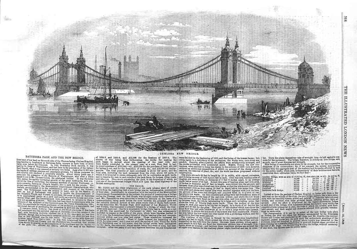 Original Old Antique Print 1858 Chelsea New Bridge River Thames Boats London