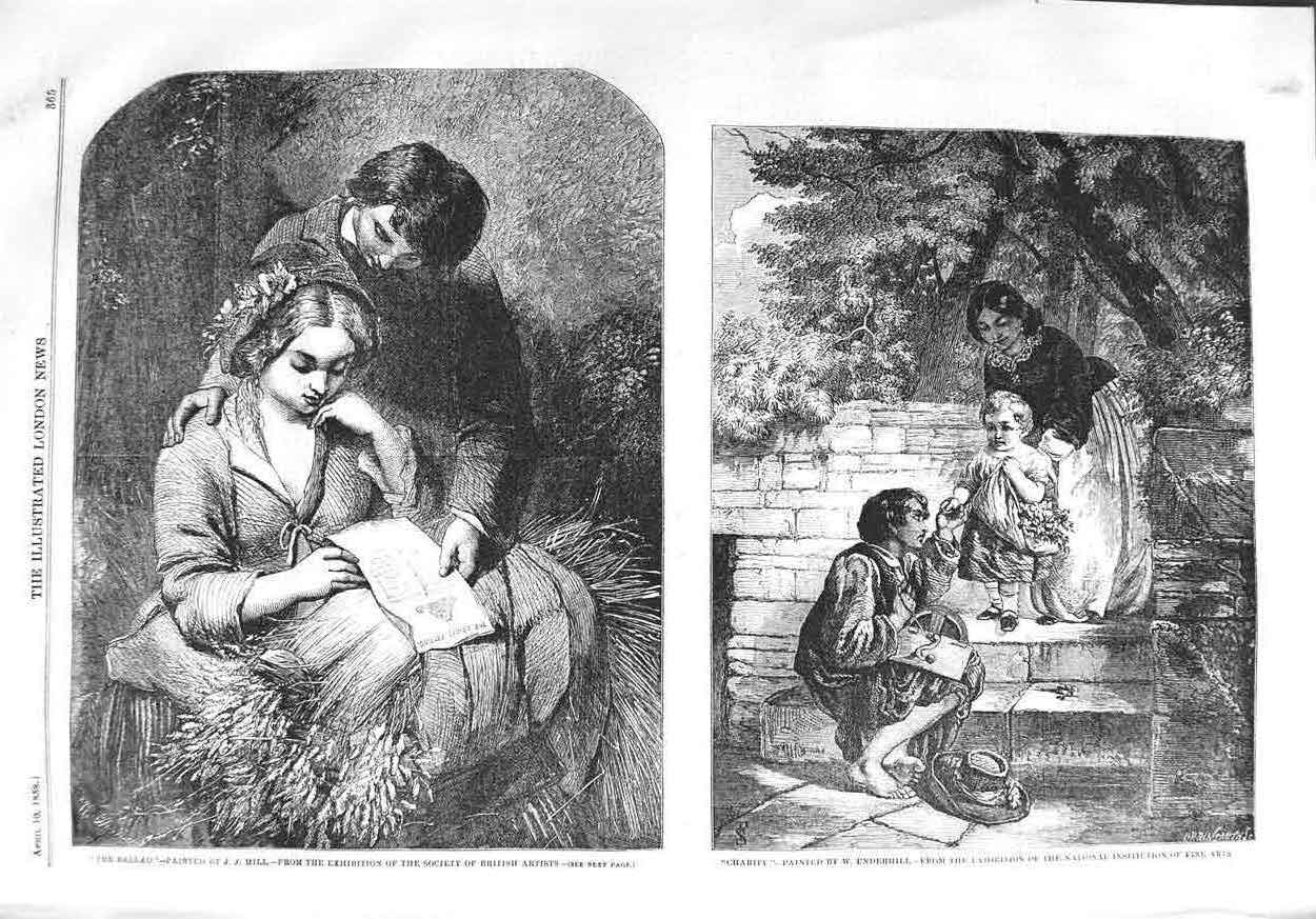 Original Old Antique Print 1858 Ballad Romance Music Poor Man Charity Fine Art