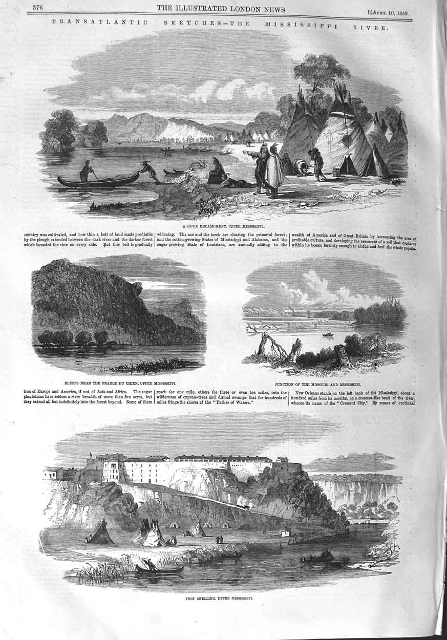 Original Old Antique Print 1858 Sioux Encampment Mississippi Fort Snellin 19th