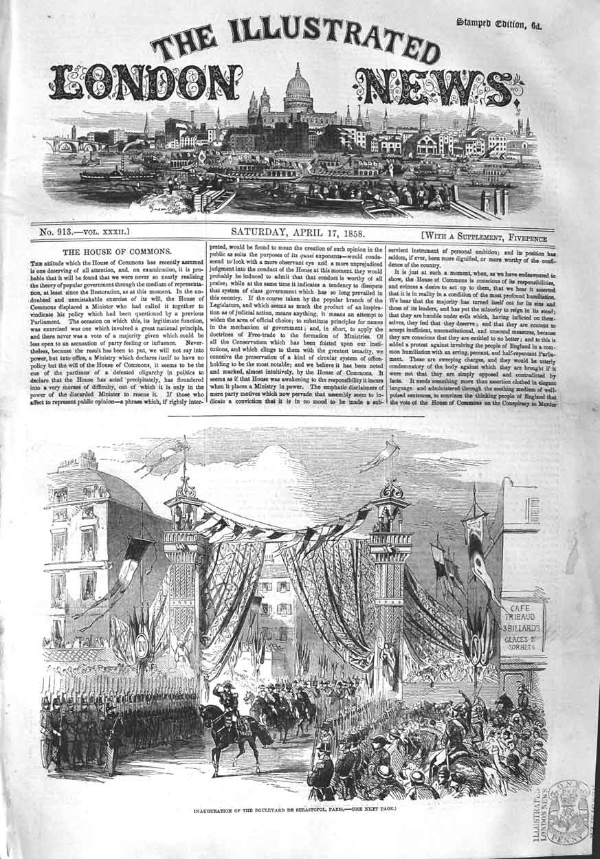 Original Old Antique Print 1858 Inauguration Boulevard Sebastopol Paris 19th