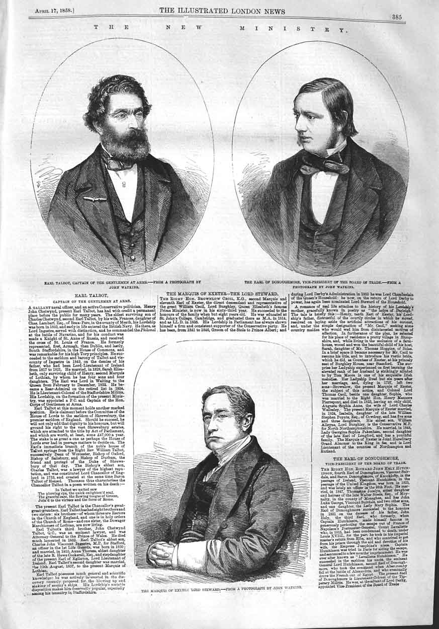 Original Old Antique Print 1858 Ministry Earl Talbot Donoughmore Marquis Exeter
