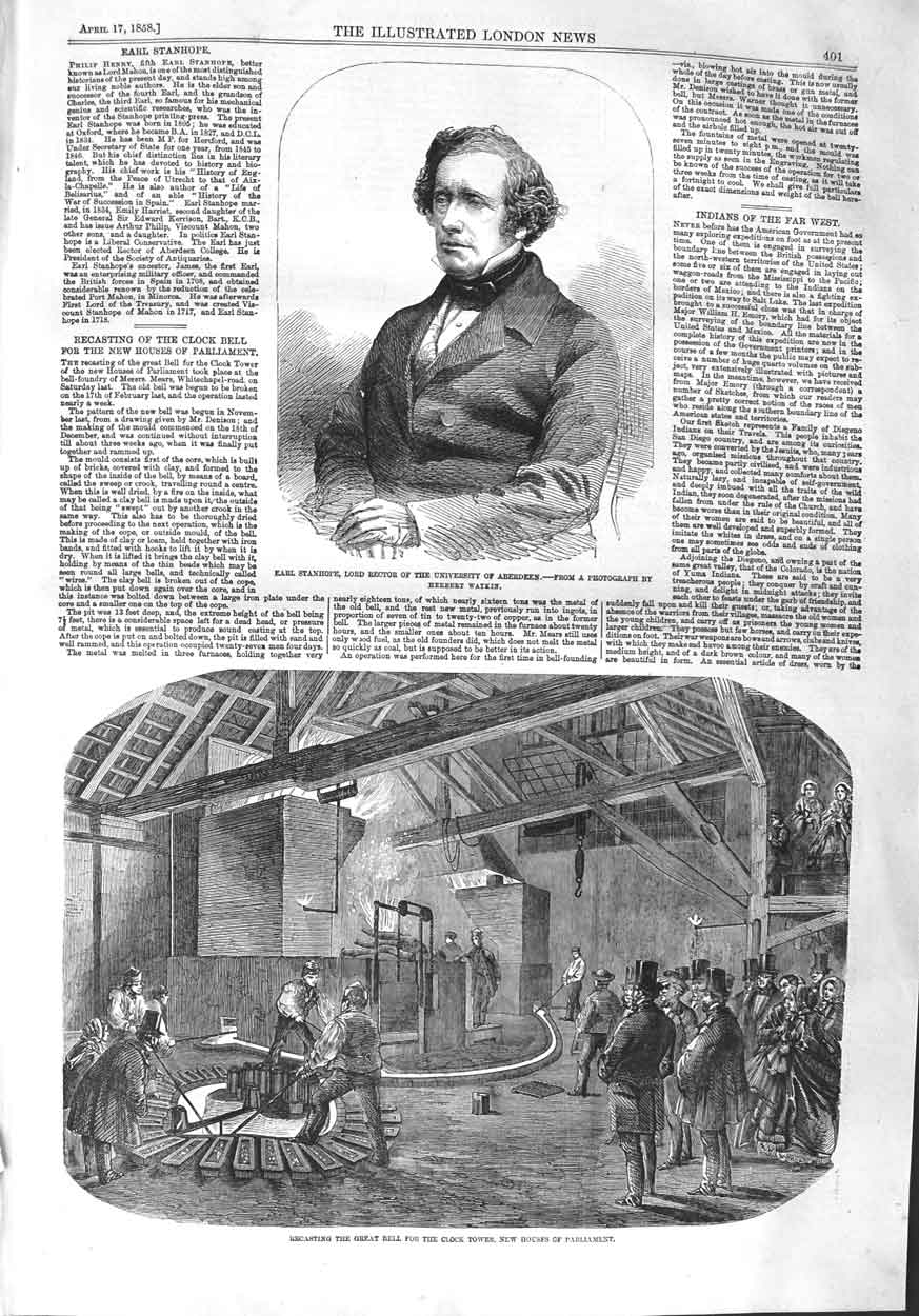 Old Antique Print 1858 Earl Stanhope University Aberdeen Parliament Bells 19th