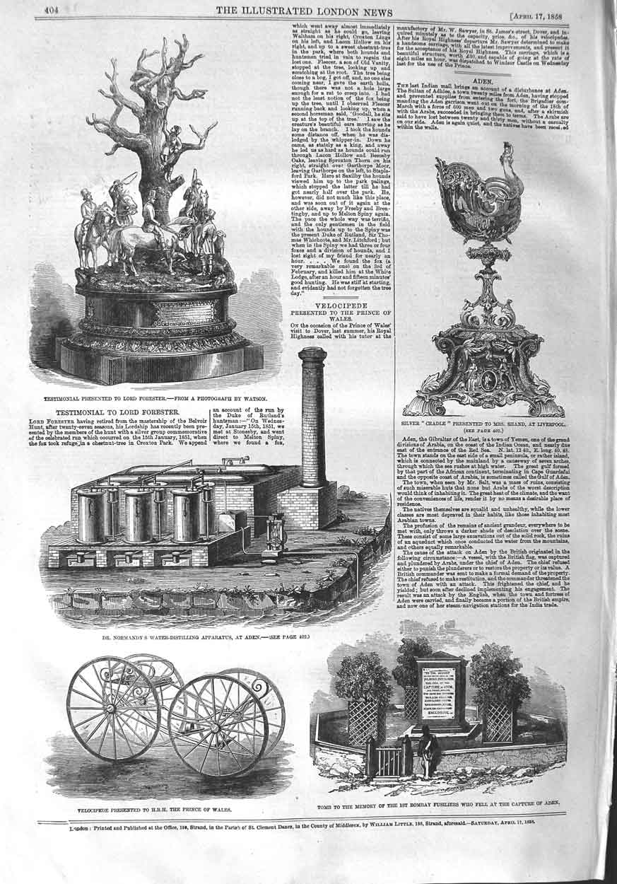 Old Antique Print 1858 Velocipede Prince Wales Tomb Bombay Fusiliers Aden 19th
