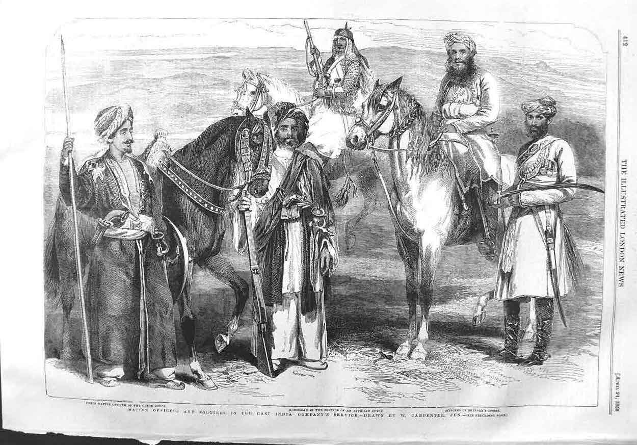 Original Old Antique Print 1858 Native Officers Siers India Afgha 19th