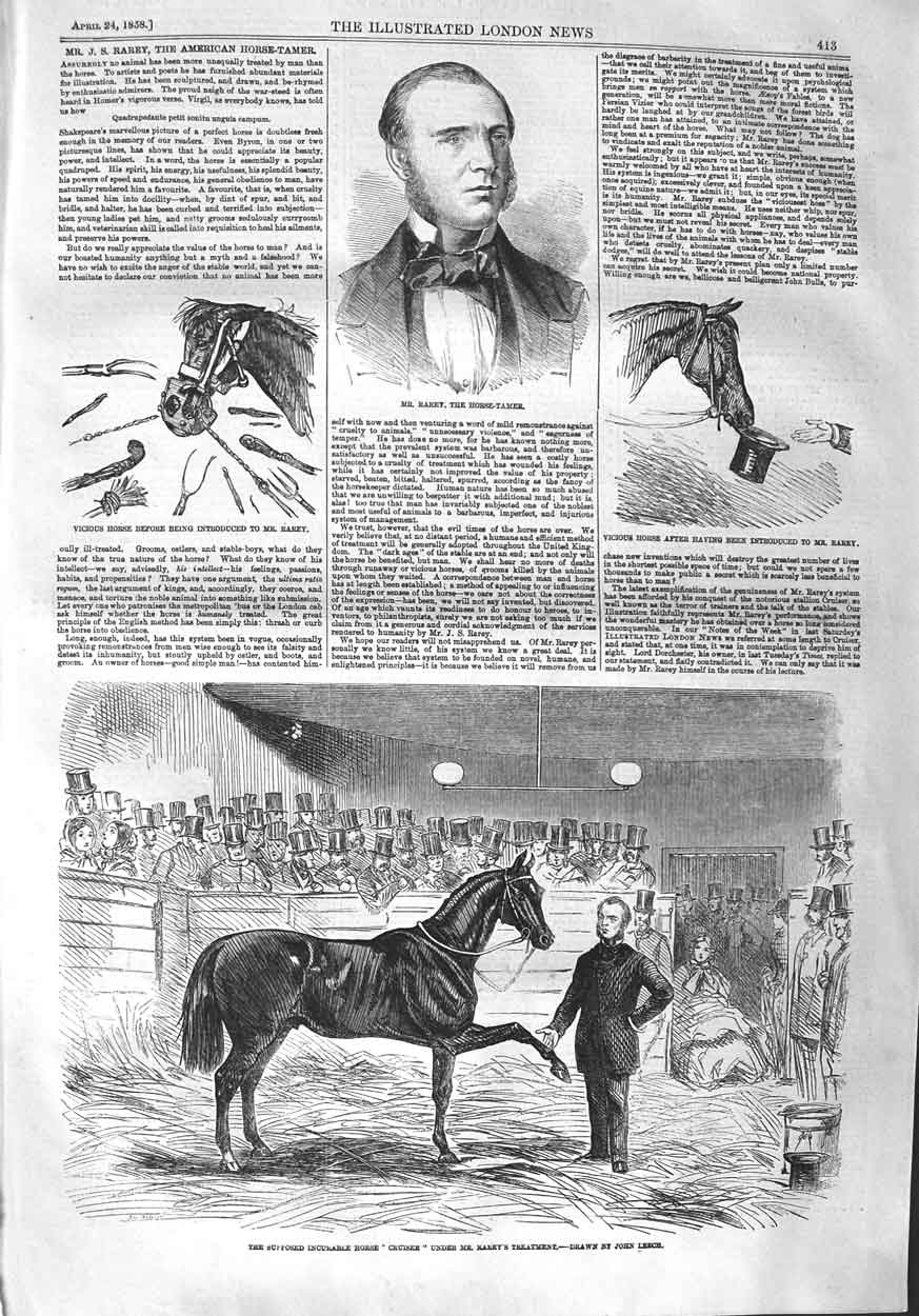 Original Old Antique Print 1858 Rarey Horse-Tamer Cruiser Horse Joh Victorian