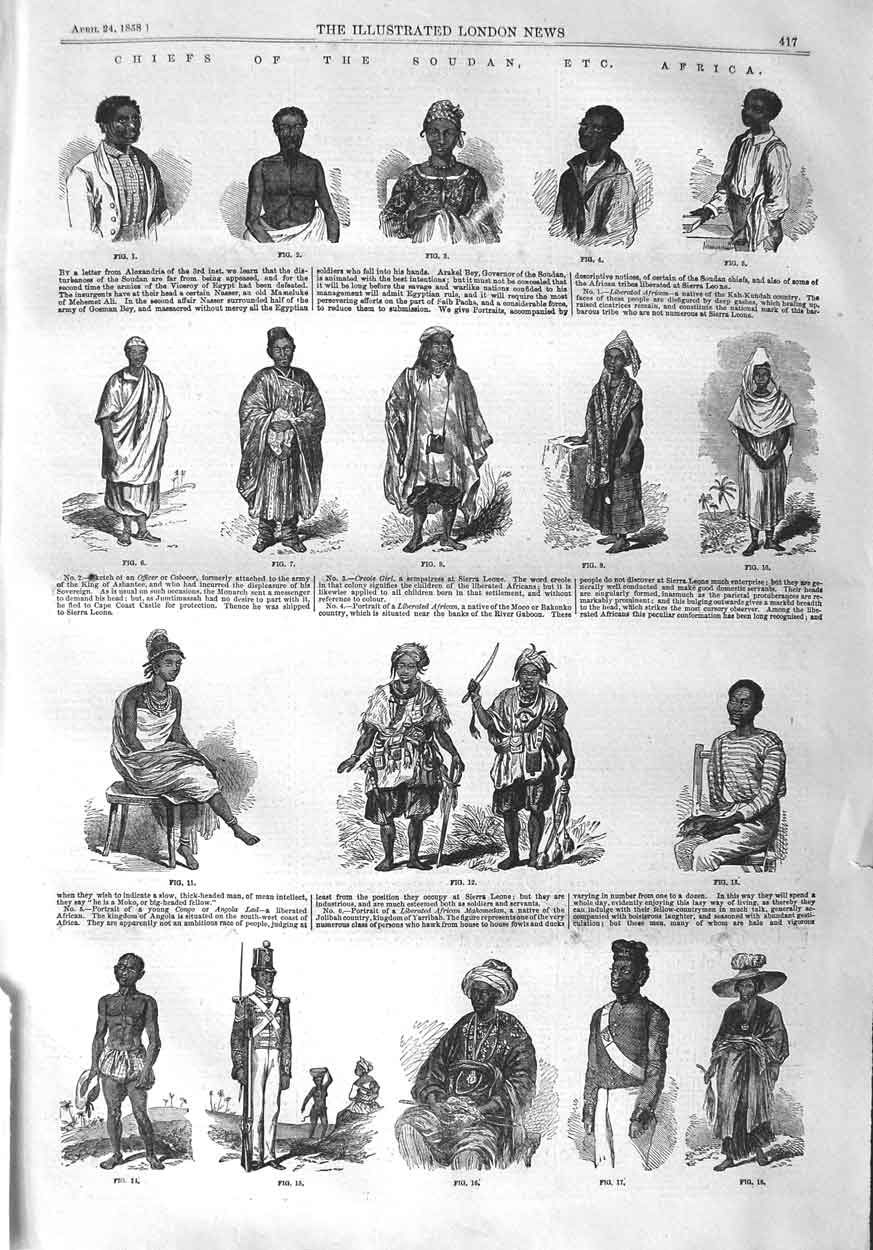 Original Old Antique Print 1858 Chiefs Soudan Africa Sierra Leone Natives Men