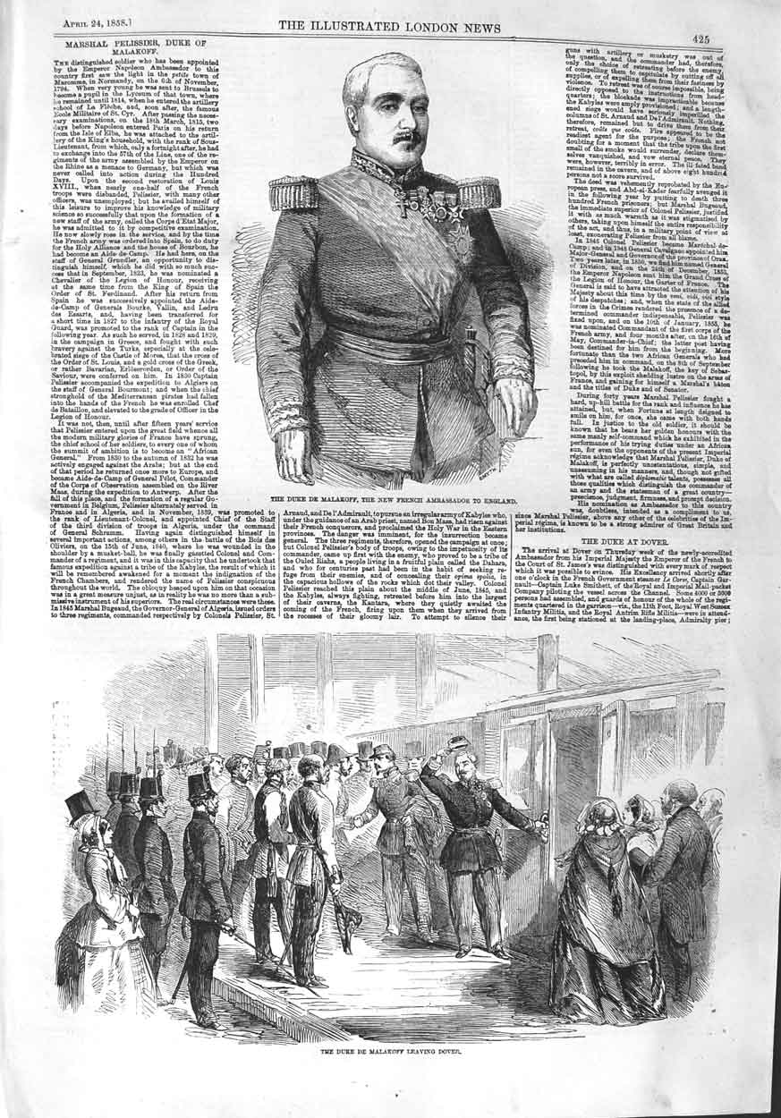 Original Old Antique Print 1858 Duke Malakoff French Ambassador England Dover