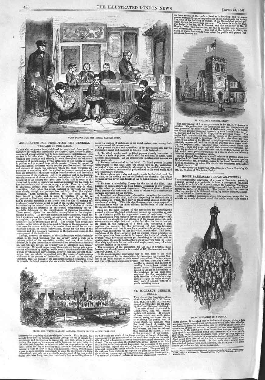 Original Old Antique Print 1858 Work School Blin Michael'S Church Asylum Goose