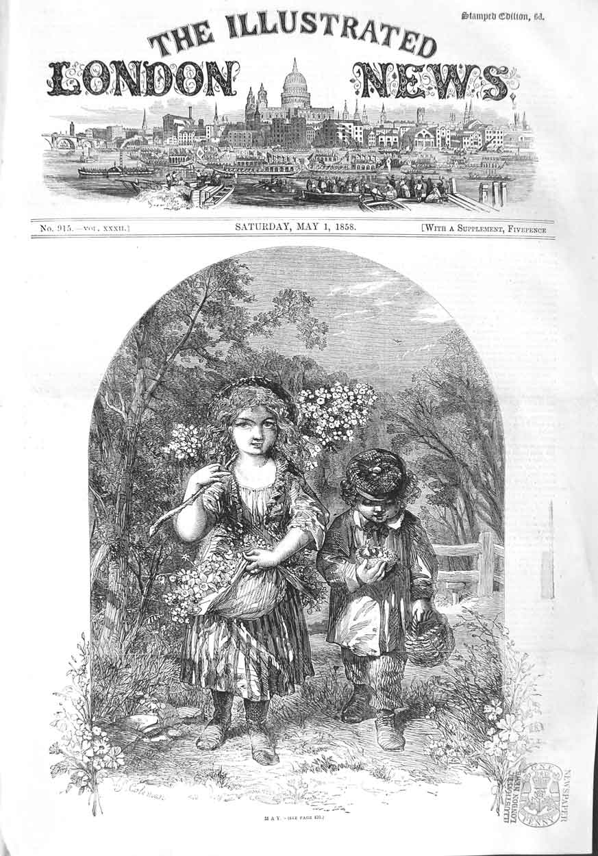 Original Old Antique Print 1858 May Children Gathering Flowers Chickens Spring