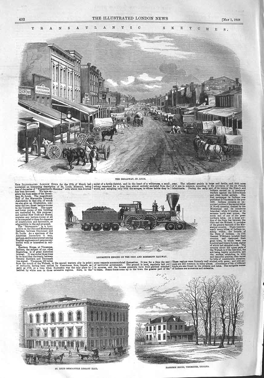 Old Antique Print 1858 Broadway Louis Train Engine Mississippi Vincennes 19th