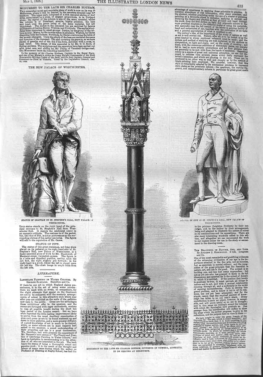 Original Old Antique Print 1858 Charles Hotham Australia Statue Grattan Pitt