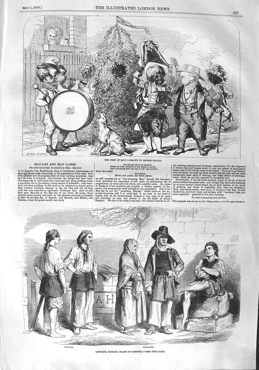 Old Antique Print 1858 May Day Costumes Cagliari Island Sardinia Peasants 19th
