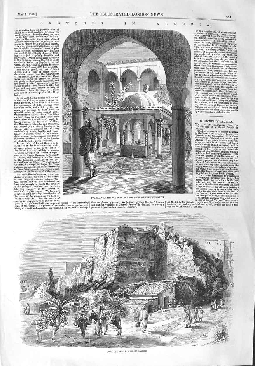 Old Antique Print 1858 Fountain Court Barracks Janissaries Algiers Wall 19th