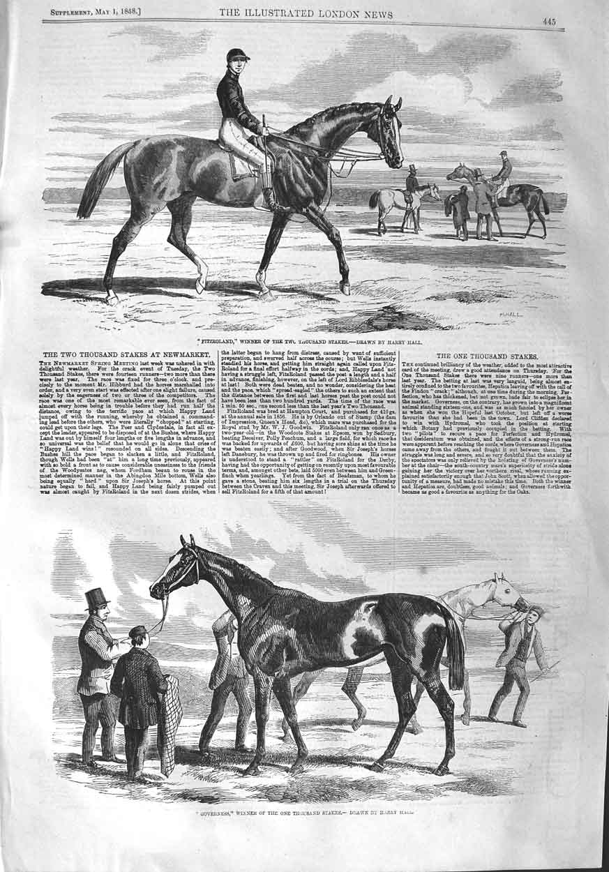 Original Old Antique Print 1858 Fitzroland Horse Governess Two Thousand Stakes