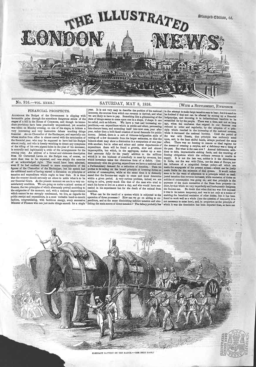 Original Old Antique Print 1858 Elephant Battery Marching Siers War Victorian