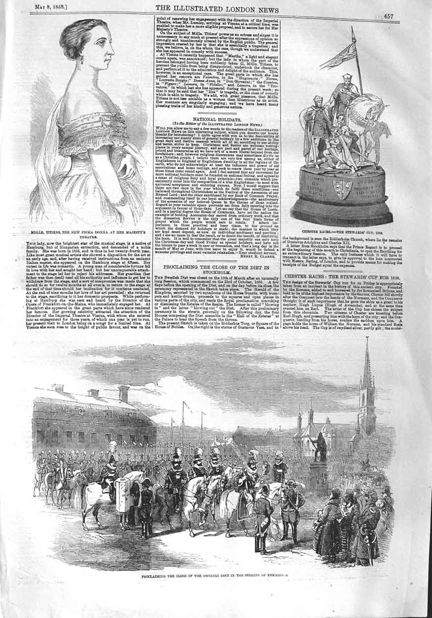 Original Old Antique Print 1858 Titiens Prima Donna Chester Race Cup Stockholm