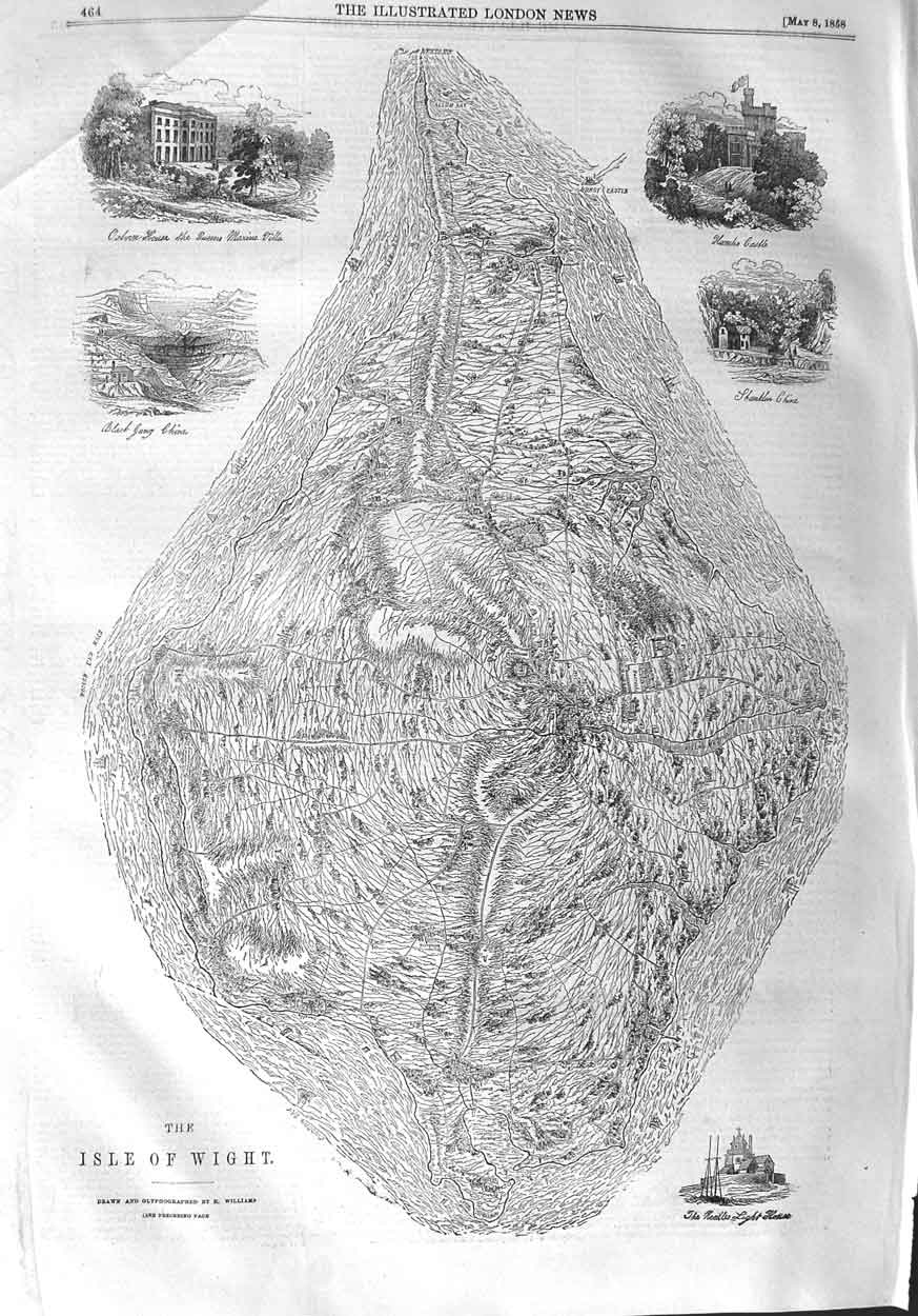 Old Antique Print 1858 Isle Wight Needles Lighthouse Hurst Castle Chine 19th