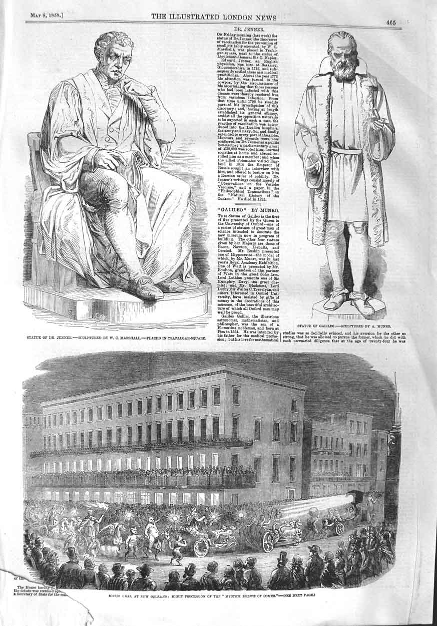 Original Old Antique Print 1858 Statue Jenner Galileo Madri Gras Orleans 19th