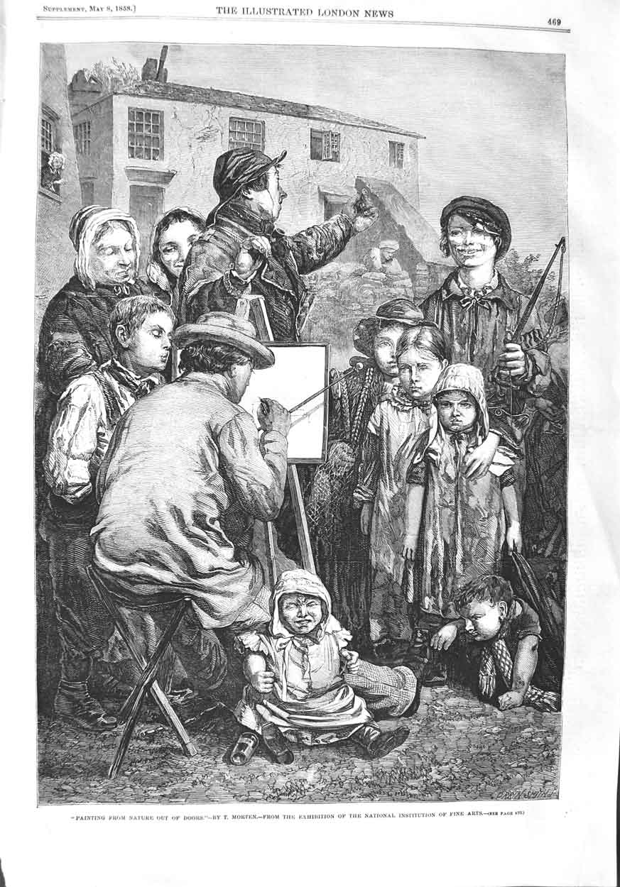 Original Old Antique Print 1858 Fine Art Artist Man Painting Nature Children