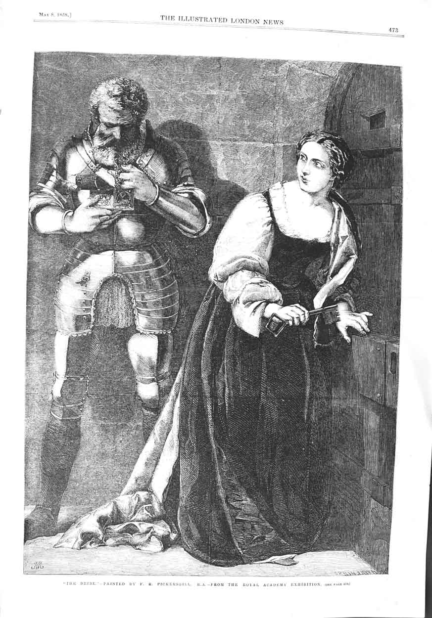 Old Antique Print 1858 Pickersgill Fine Art Guard Armour Lady Bribe Key 19th