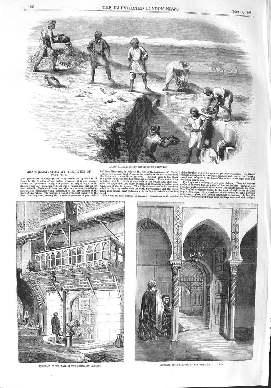 Old Antique Print 1858 Arabs Archaeology Carthage Fountains Algiers Yusuf 19th