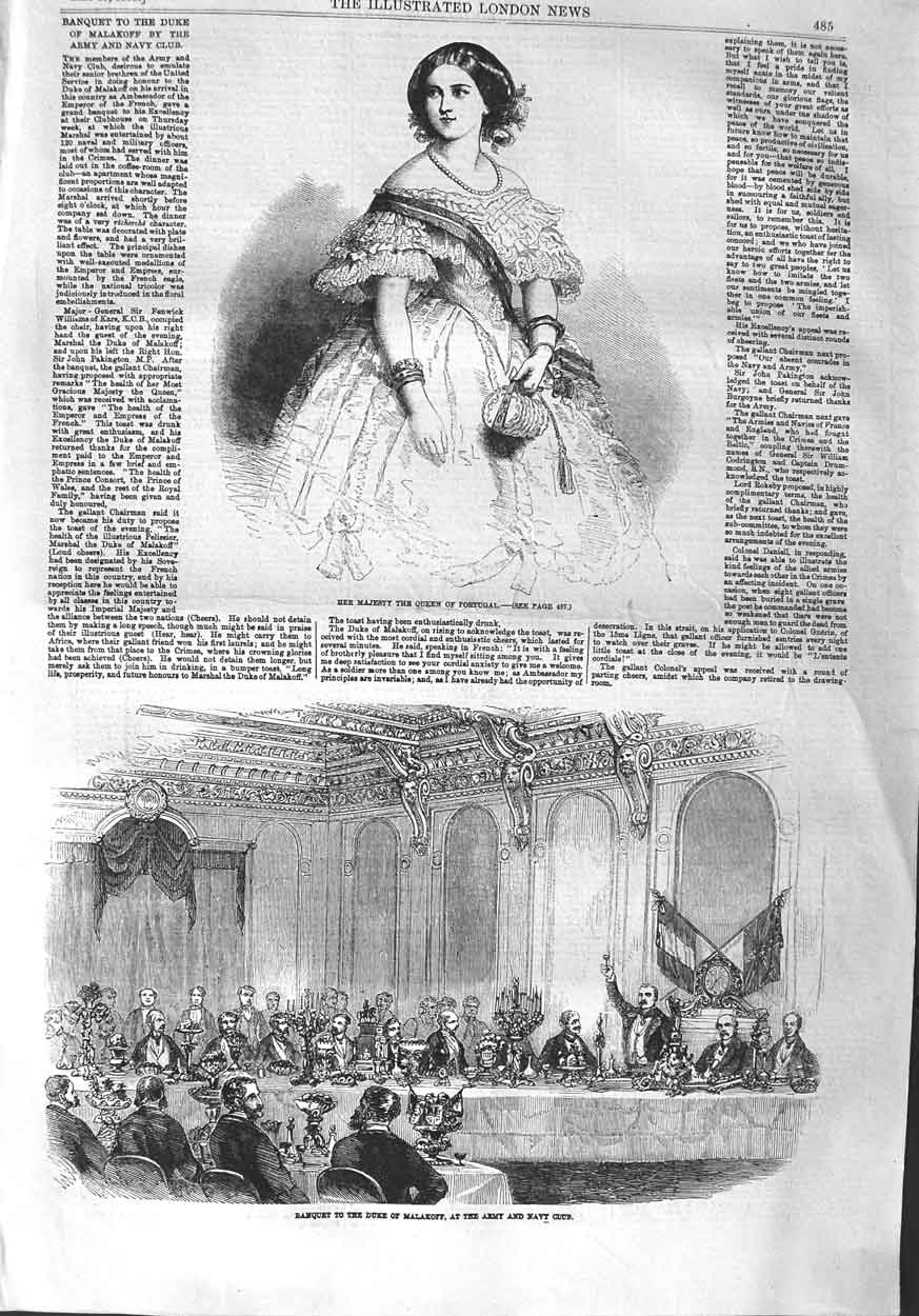 Original Old Antique Print 1858 Queen Portugal Banquet Malakoff Army Navy Club
