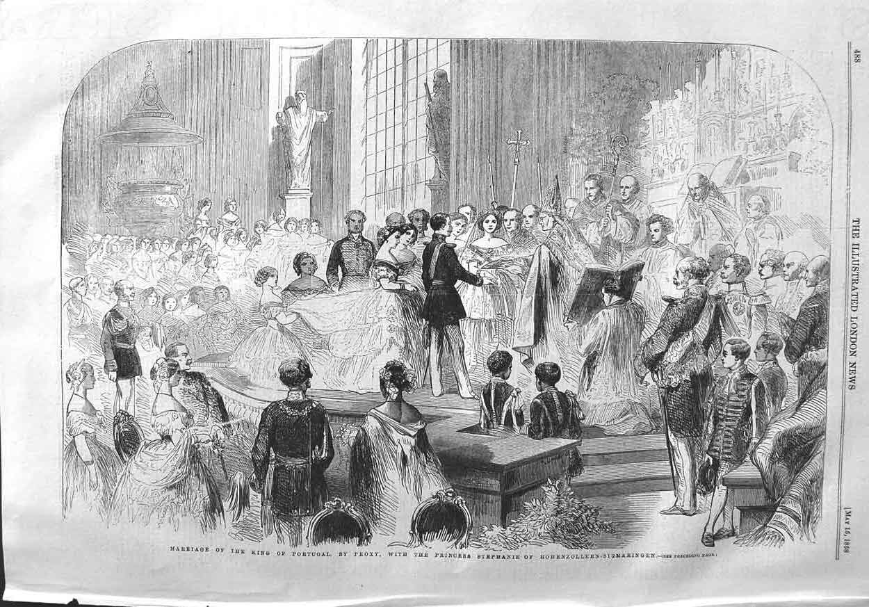 Old Antique Print 1858 Wedding Portugal Princess Stephanie Hohenzollern 19th