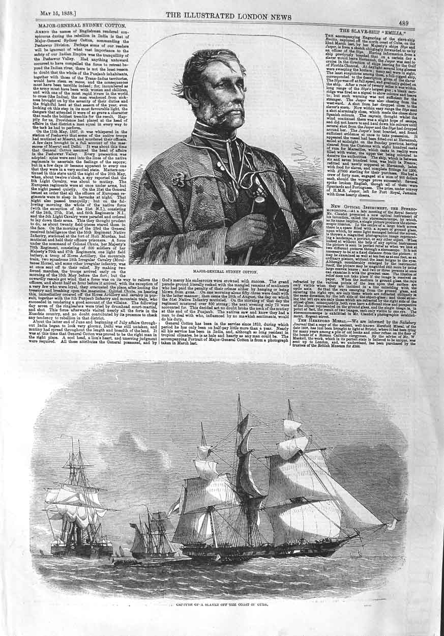 Original Old Antique Print 1858 Major General Sydney Cotton Slaver Ship Cuba